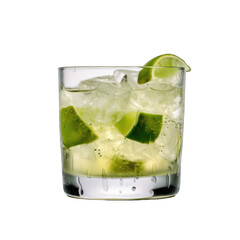 glass of caipirinha, mojito, lemonade, caipivodka with ice and lime, transparent background png