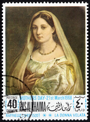 Postage stamp Ras al-Khaimah 1968 La Donna Velata, by Raphael