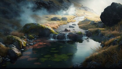 An Ethereal Hot Springs Scene with Natural Steaming Water