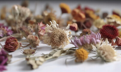Dried flowers lying on the table white background wildflowers bokeh close up bouqet generative ai