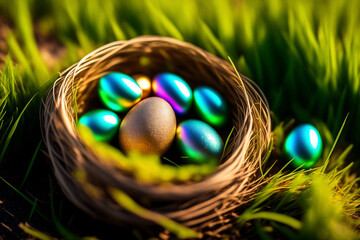 Glossy colorful Easter eggs in a basket