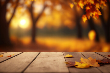 Naklejka na ściany i meble autumn background with table and leaves