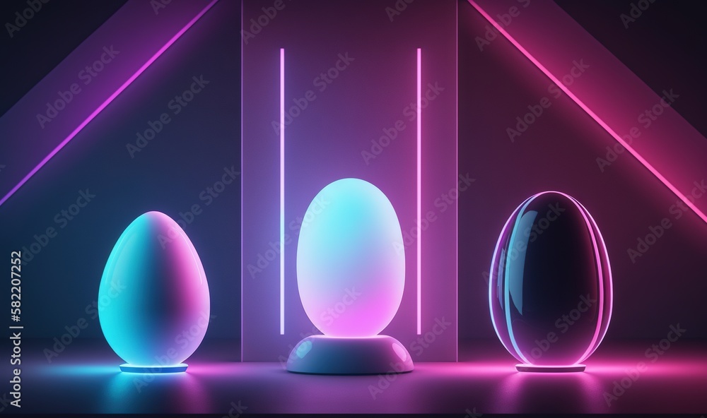 Poster a group of three vases sitting on top of a table in a room with neon lights on the walls and floor t