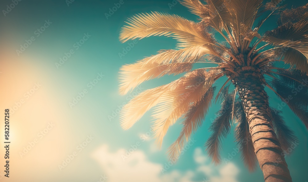 Poster a palm tree is shown against a blue sky with a few clouds in the background and a bright sun in the 