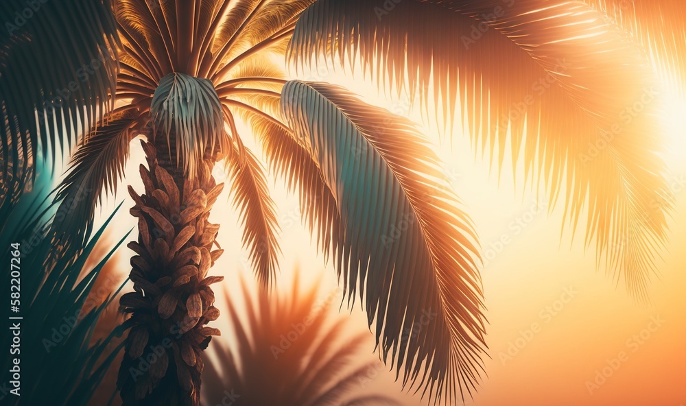 Poster a palm tree with the sun shining through it's leaves and the sky in the background is orange and yel