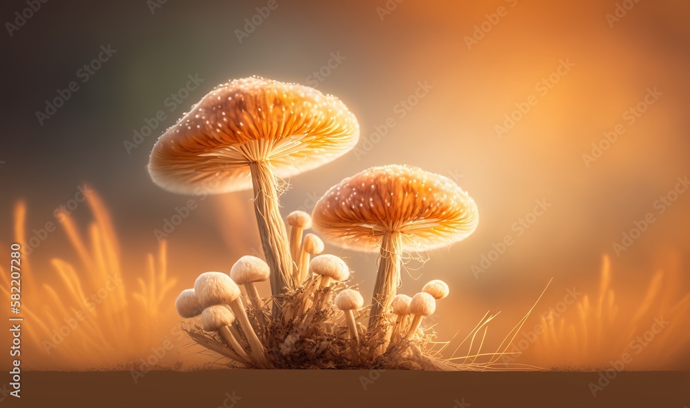 Poster a group of mushrooms sitting on top of a grass covered field next to a forest filled with trees and 