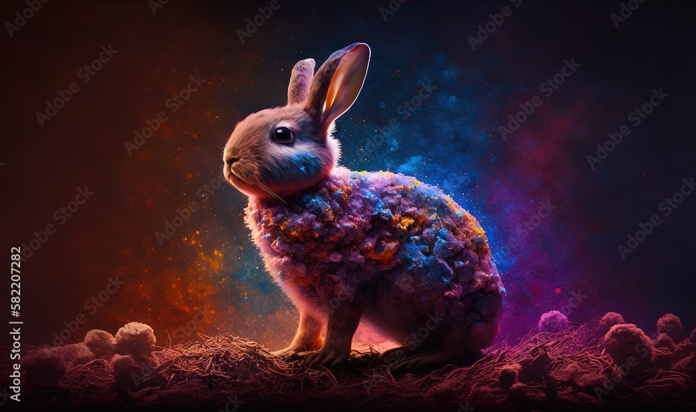 Poster a rabbit is sitting in the middle of a field of grass and flowers in the background is a dark sky wi