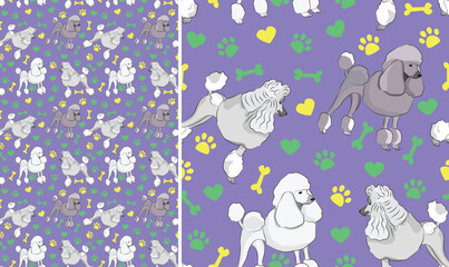 Poodle dogs on a playful violet background with bones, hearts, paws. Funky, colorful vibe, vibrant palette. Simple, clean, modern texture. Summer seamless pattern with dogs. Birthday present.