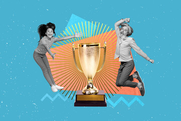 Composite collage portrait of two mini black white gamma people jumping big golden trophy award...
