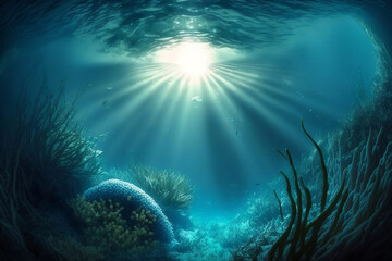 Fototapeta premium Sea or ocean underwater deep nature background, generative ai