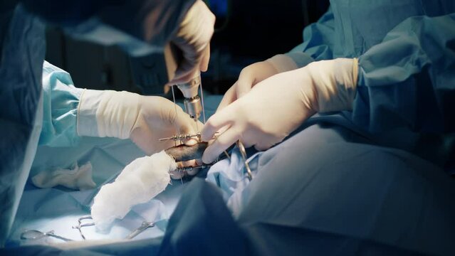 A veterinarian opening up something in the patient with a surgical mini drill. They need to be extra careful and steady to not damage the animal more. High quality 4k footage. 