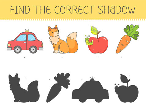 Find the correct shadow game with car, fox, apple, carrot. Educational game for children. Shadow matching game. Vector illustration.