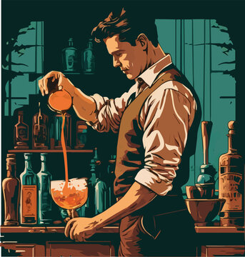 Vector illustration of a bartender in a bar, vintage style.