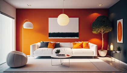 A modern living room with a vibrant orange accent wall and a minimalist white sofa. generative ai