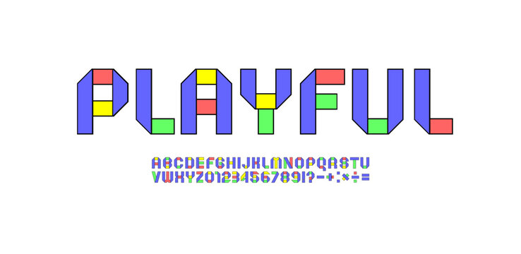 Font alphabet folded from colored paper, minimal technology style letters and numbers made in multi-colored ribbon, vector illustration 10EPS