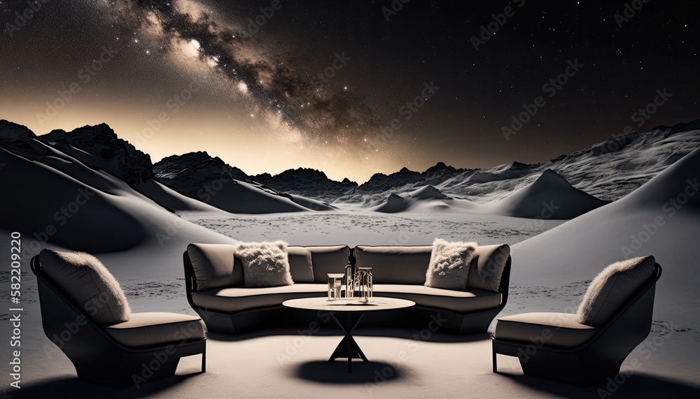 Canvas Prints A sleek and modern outdoor lounge set on a snowy mountain landscape, with the stars shining bright in the sky. The furniture is made of black metal and white cushions, creating a stylish generative ai