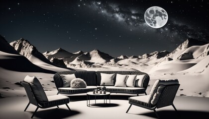 A sleek and modern outdoor lounge set on a snowy mountain landscape, with the stars shining bright in the sky. The furniture is made of black metal and white cushions, creating a stylish generative ai