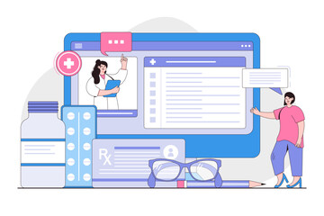 Health care services and online telemedicine concept. Woman patient chatting on medical internet portal and having consultation with doctor. Outline minimal vector illustration for landing page