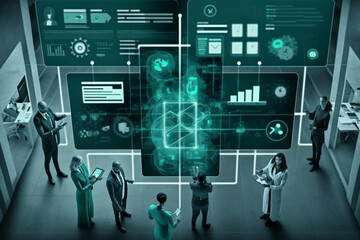 Planning, teamwork or overlay of doctors, nurse or medical healthcare digital data schedule in lobby top view, generative ai
