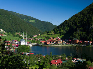  Uzungol village. Famous mosque by the lake. Uzungol view on a summer day. Turkey's travel...