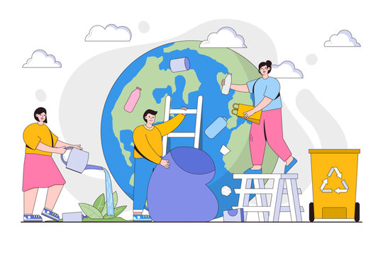 Earth cleaning, save planet, ecology, environmental protection from pollution concept. People clean world from garbage. Outline design style minimal vector illustration for landing page, hero images