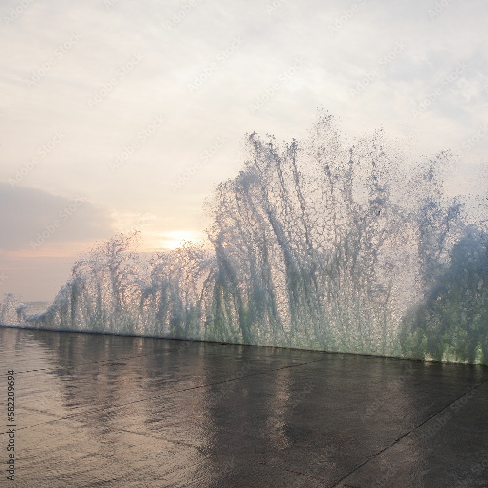 Canvas Prints Sea waves splashing over the shore at sunset with a cloudy sky in the background