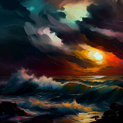 ipressionism dark cloudy sunset over the stormy ocean shore, huge waves, the ocean playing jazz in coatl colors