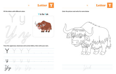 Letter Y - Tracing and coloring letters: Animals by alphabet series, helps children trace uppercase, lowercase and cursive letters (The designs are made with vector editable outlines)