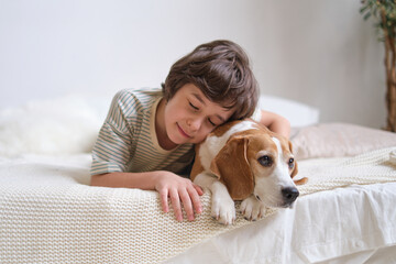 boy hugging his beagle on the cozy bed. importance of nurturing a loving relationship between children and pets, as well as teaching responsibility and kindness.