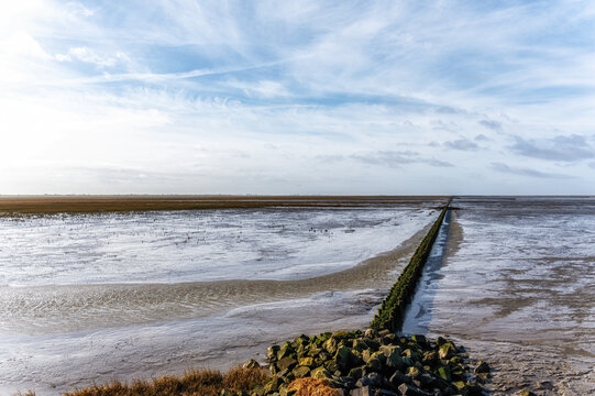Mudflats area at low tide in the 'Wadden' Sea near the village 'Holwerd' in the province of 'Friesland', the Netherlands