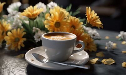 Coffee cup latte and yellow flowers caffe Generative ai