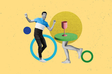 Minimal collage photo of youngster student guy bachelor party listen music have fun drink alcohol wineglass isolated on yellow color background