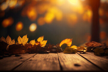 Naklejka na ściany i meble autumn leaves on wood background, generative ai