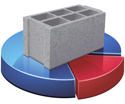 3D cinder block isolated with shadow and reflection on a blue and red pie chart (cut out)