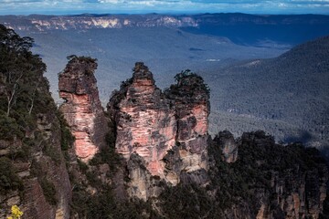 High-angle of the Three Sisters rock formation in the Blue Mountains of NSW, Australia