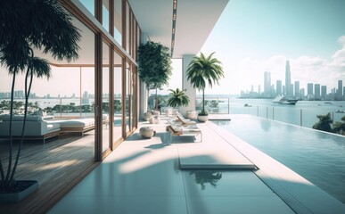 Impressive luxury penthouse terrace with a swimming pool overlooking Miami, generative AI.