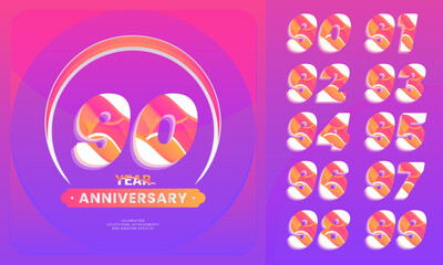 Number sets 90-99 year anniversary celebration.  logotype style with handwriting violet color for celebration event, wedding, greeting card, and invitation.
