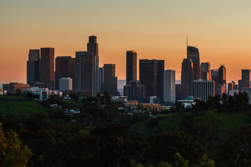 Los Angeles skyline. Downtown LA night Los Angeles sunset skyline California. Downtown Los Angeles...