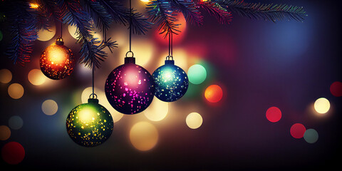 Christmas Balls Hanging Fir Branches With Lights In Abstract Defocused Background