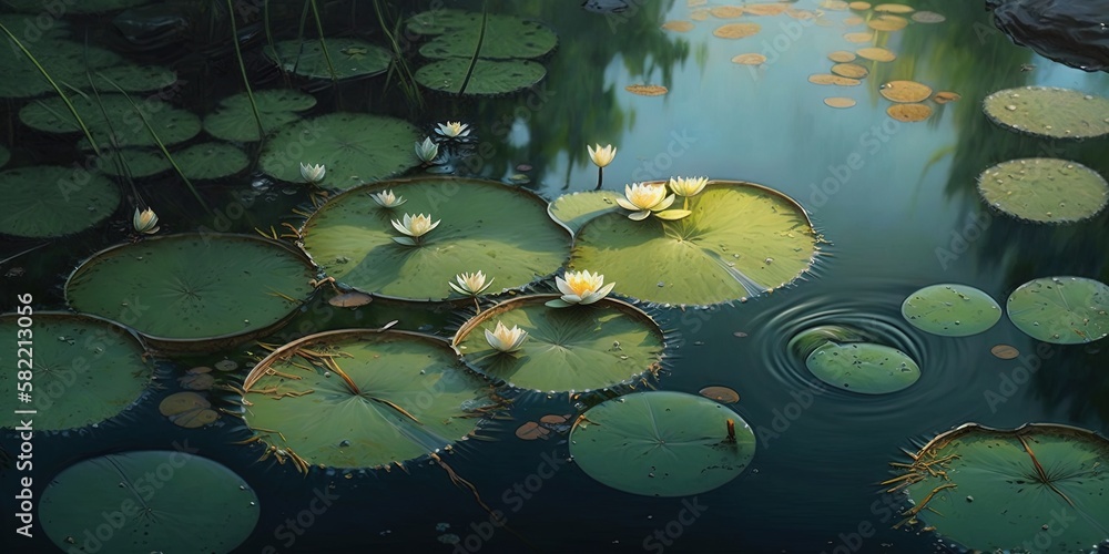 Poster panoramic view of the lily pads in the pond generative ai