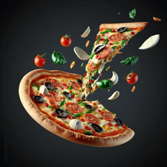 3D Realistic Flying Pizza with Black Background generative ai