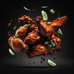 3D Realistic Rendering of Spicy Chicken Wings Flying on Black Background generative ai