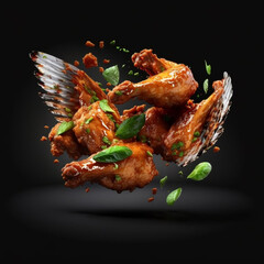 3D Realistic Rendering of Spicy Chicken Wings Flying on Black Background generative ai