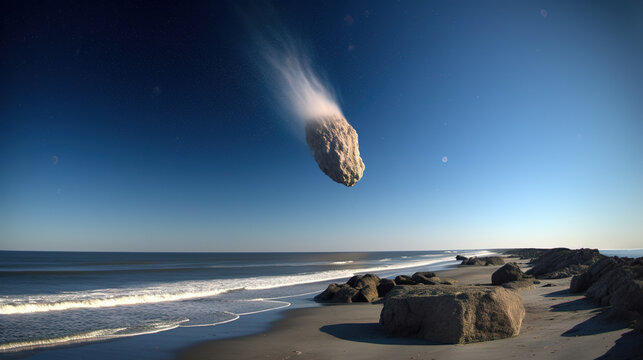 Asteroid in sky above beach before it makes impact.  