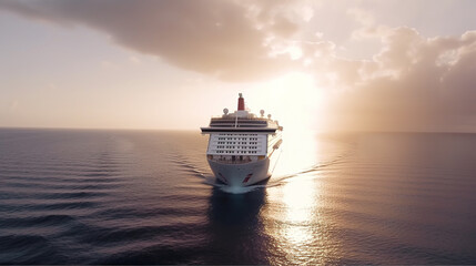Cruise ship traveling on open sea during sunset