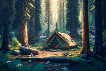 Rustic and peaceful forest camping trips, surrounded by towering trees and wildlife