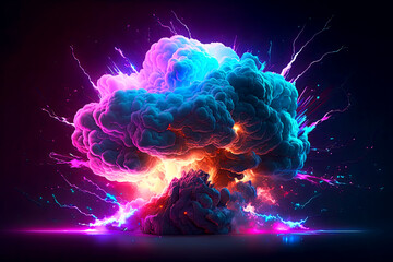 Bright explosion with smoke and lightning in neon lights, Generative AI

