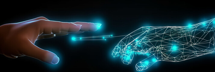 A human hand touching with digital hand, digital transformation concept. Generative AI
