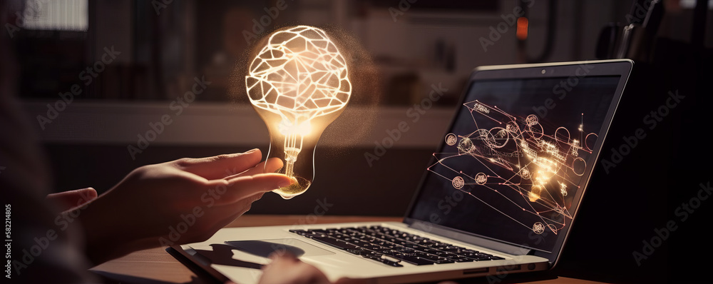 Aufkleber a person holding a light bulb with a shape of human brain inside in front of a laptop. creative idea