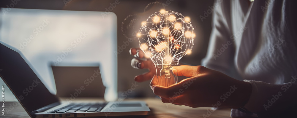 Poster a person holding a light bulb with a shape of human brain inside in front of a laptop. creative idea